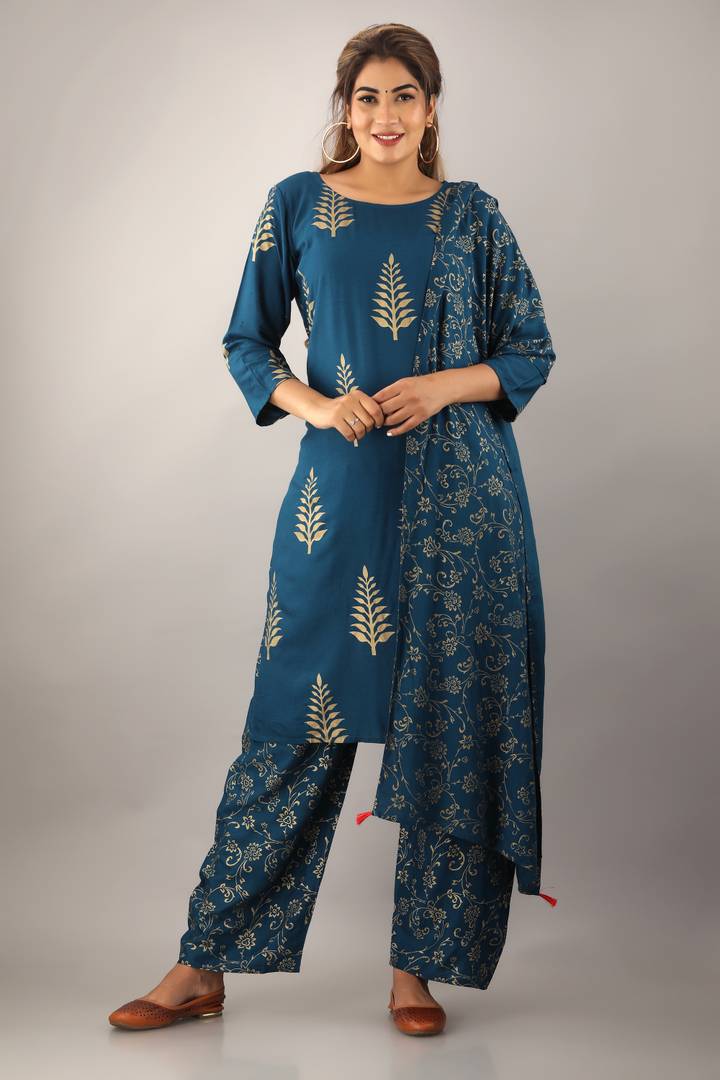 Stylish Rayon Teal Printed Kurta With Palazzo And Dupatta Set